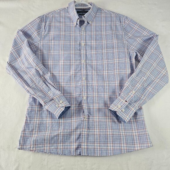 Tommy Hilfiger Shirt Men's Size L 16 34/35 Blue Plaid Wrinkle Free Long Sleeve - Picture 1 of 10